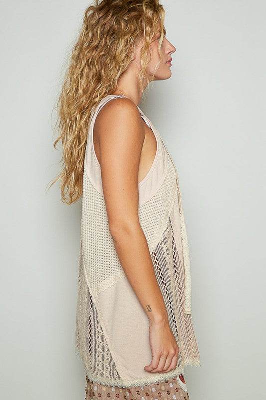 POL Lace Up Crochet Lace Tank