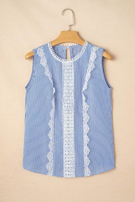 Meredith Stripe Lace Patchwork Crew Neck Tank Top