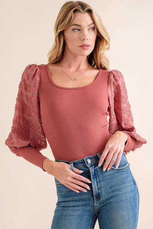 And The Why Textured Puff Sleeve Bodysuit