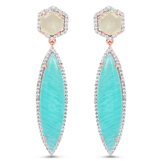 14K Rose Gold Plated 17.14 Carat Genuine Amazonite, Prehnite And White Topaz .925 Sterling Silver Earrings