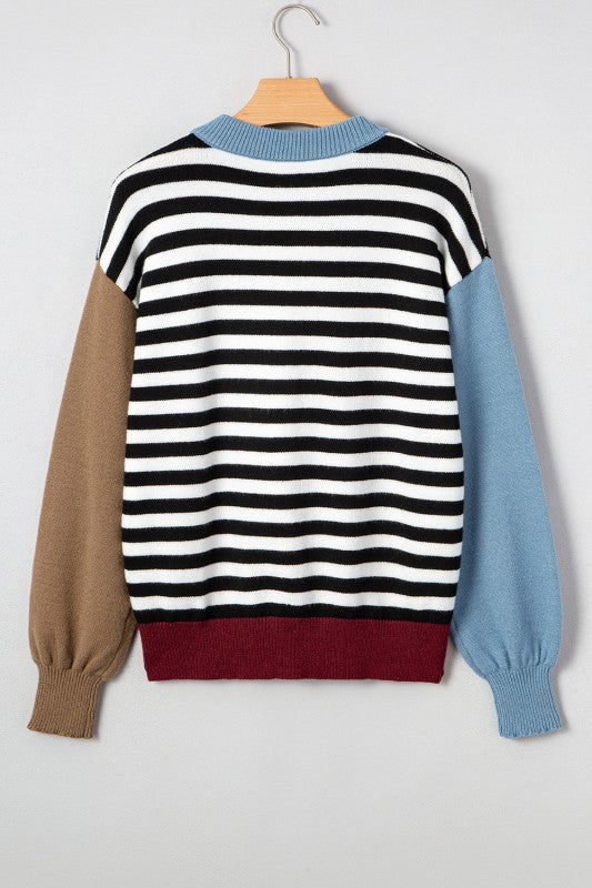 Stripe Colorblock Sleeve Ribbed Trim Sweater