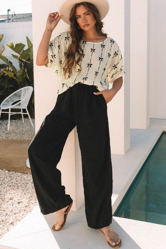 Aviana Bow Print Puff Short Sleeve Top