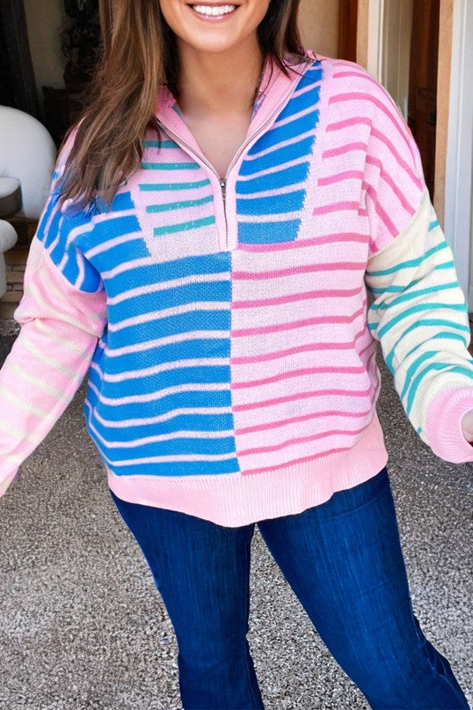 Plus Size Stripe Colorblock Half Zip Sweater