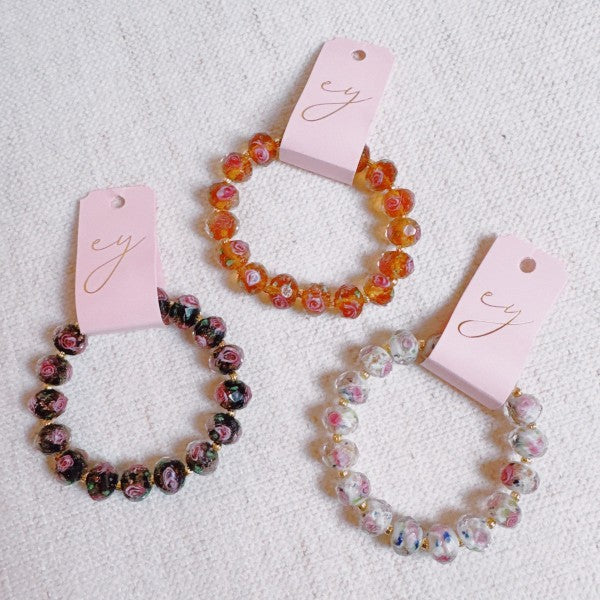 Vintage Rose Glass Bead Stretch Bracelet – Elegant