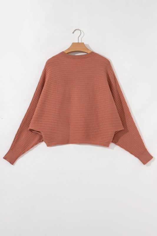 Ribbed Knit Button Front Dolman Sleeve Sweater Car
