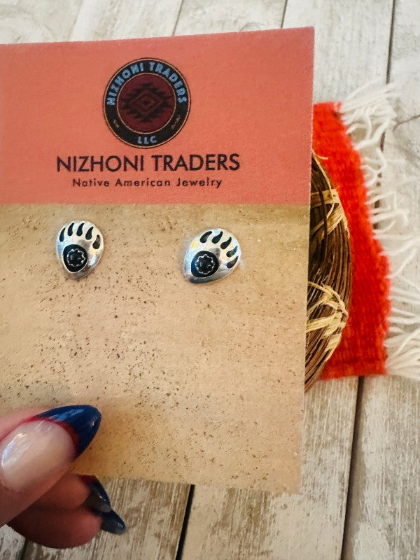 Navajo Onyx & Sterling Silver Bear Paw Stud Earrin