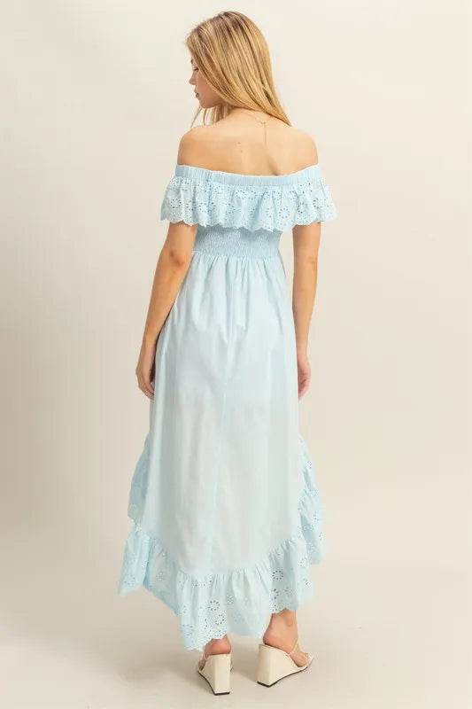 HYFVE High-Low Eyelet Ruffled Off-Shoulder Dress