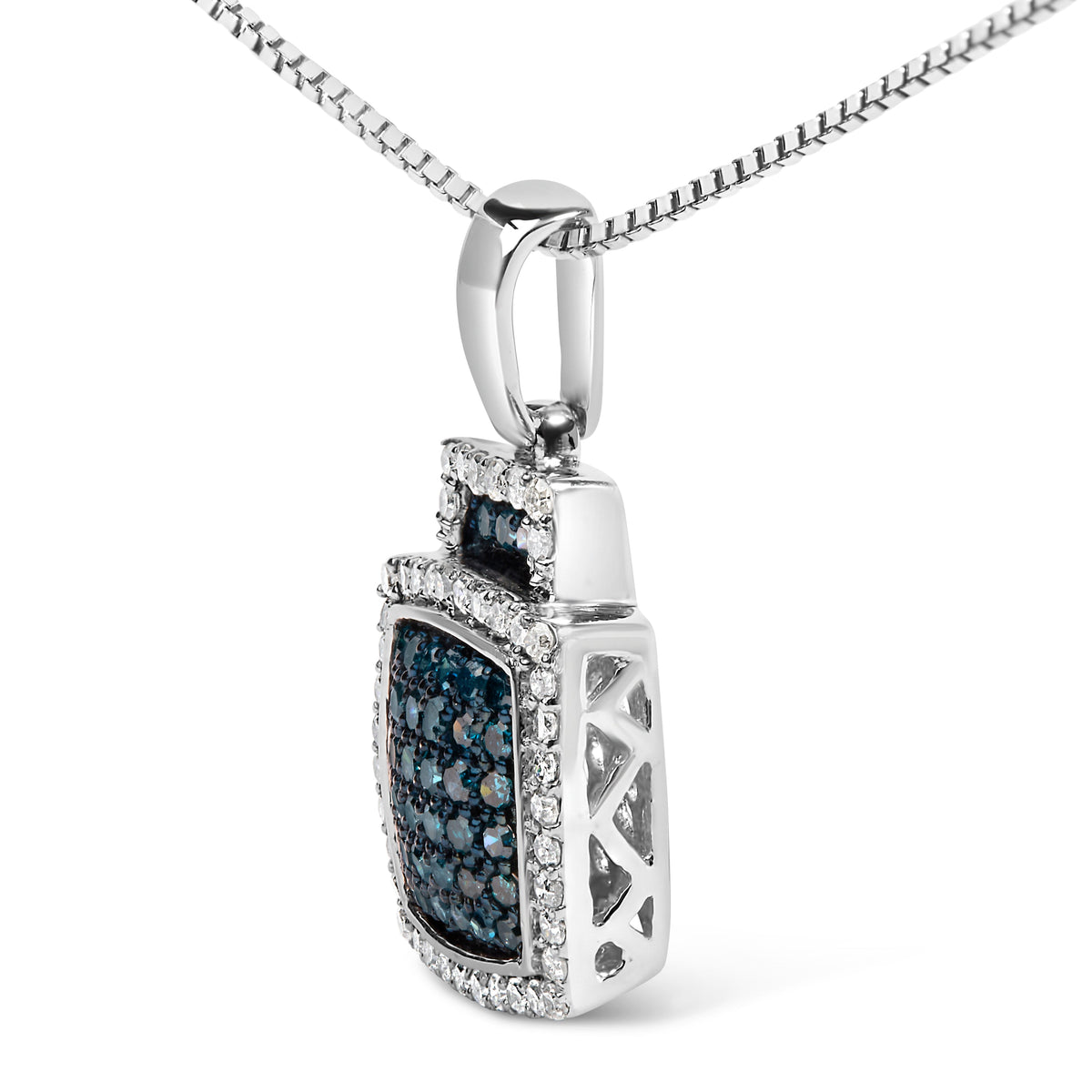 .925 Sterling Silver 1/2 Cttw Blue Diamond with White Diamond Halo Block Pendant Necklace