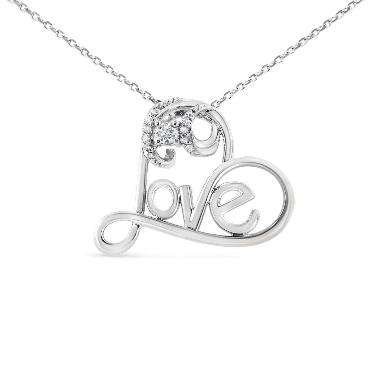 .925 Sterling Silver 1/6 Cttw Round Brilliant-Cut Diamond Accented Open Heart with Love 18" Pendant Necklace (H-I Color, I1-I2 Clarity)