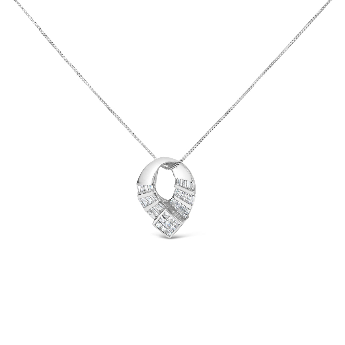 14k White Gold 1 5/8 Cttw Invisible Set Princess and Channel Set Baguette Diamond Curved Oval Shape Pendant Necklace (G-H Color, VS2-SI1 Clarity)