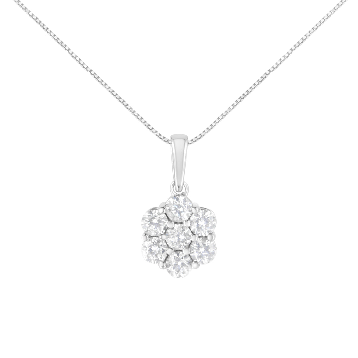 14K White Gold 2.00 Cttw Brilliant Round-Cut Diamond 7 Stone Flower Cluster 18" Pendant Necklace (H-I Color, SI2-I1 Clarity)