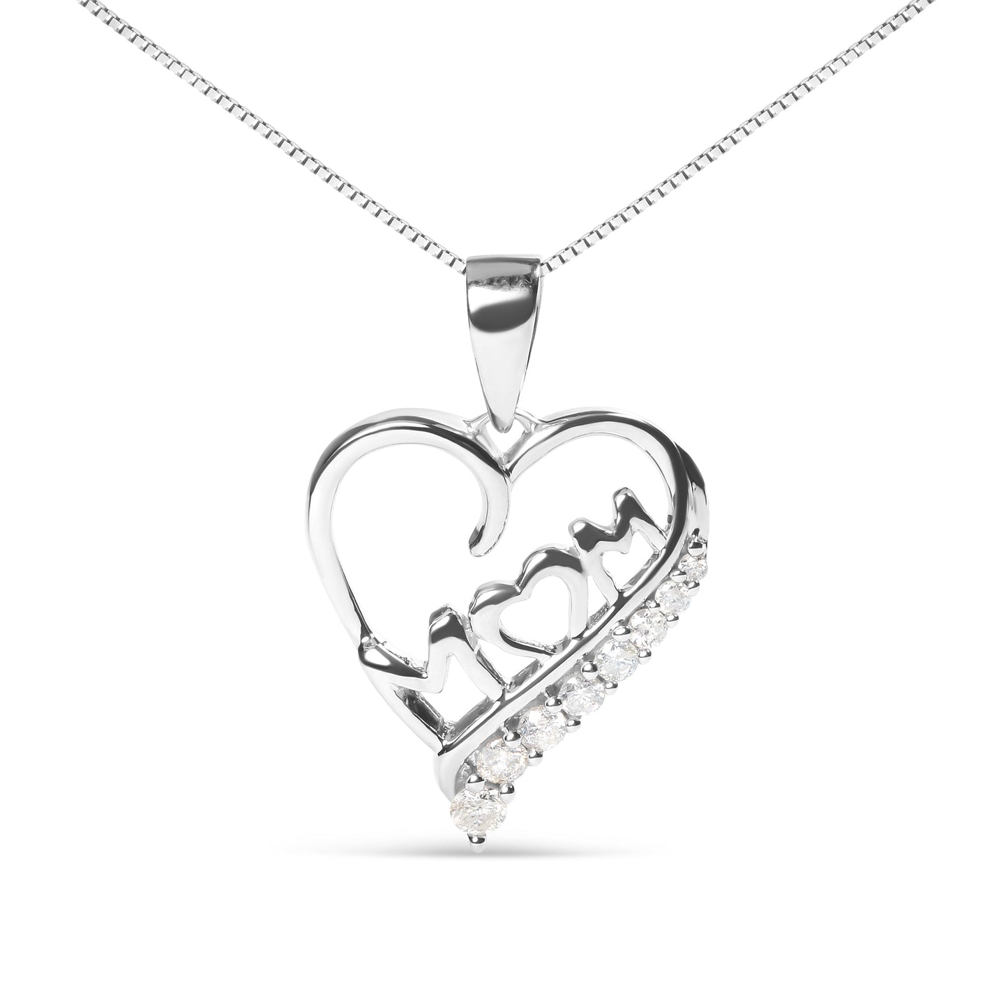 .925 Sterling Silver 1/4 Cttw Diamond  "Mom" and Open Heart 18" Pendant Necklace (I-J Color, I2-I3 Clarity)