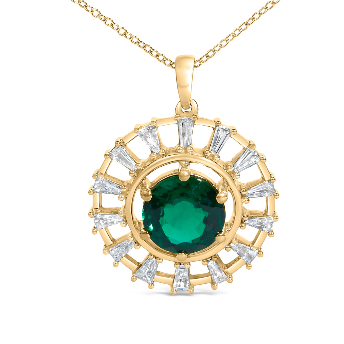 14KT Yellow Gold Plated .925 Sterling Silver Lab Grown Emerald and Baguette Diamond Medallion Pendant Necklace