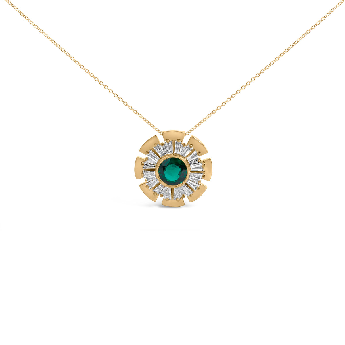 14K Yellow Gold Plated .925 Sterling Silver Lab Grown Emerald and Baguette Diamond Medallion Pendant Necklace