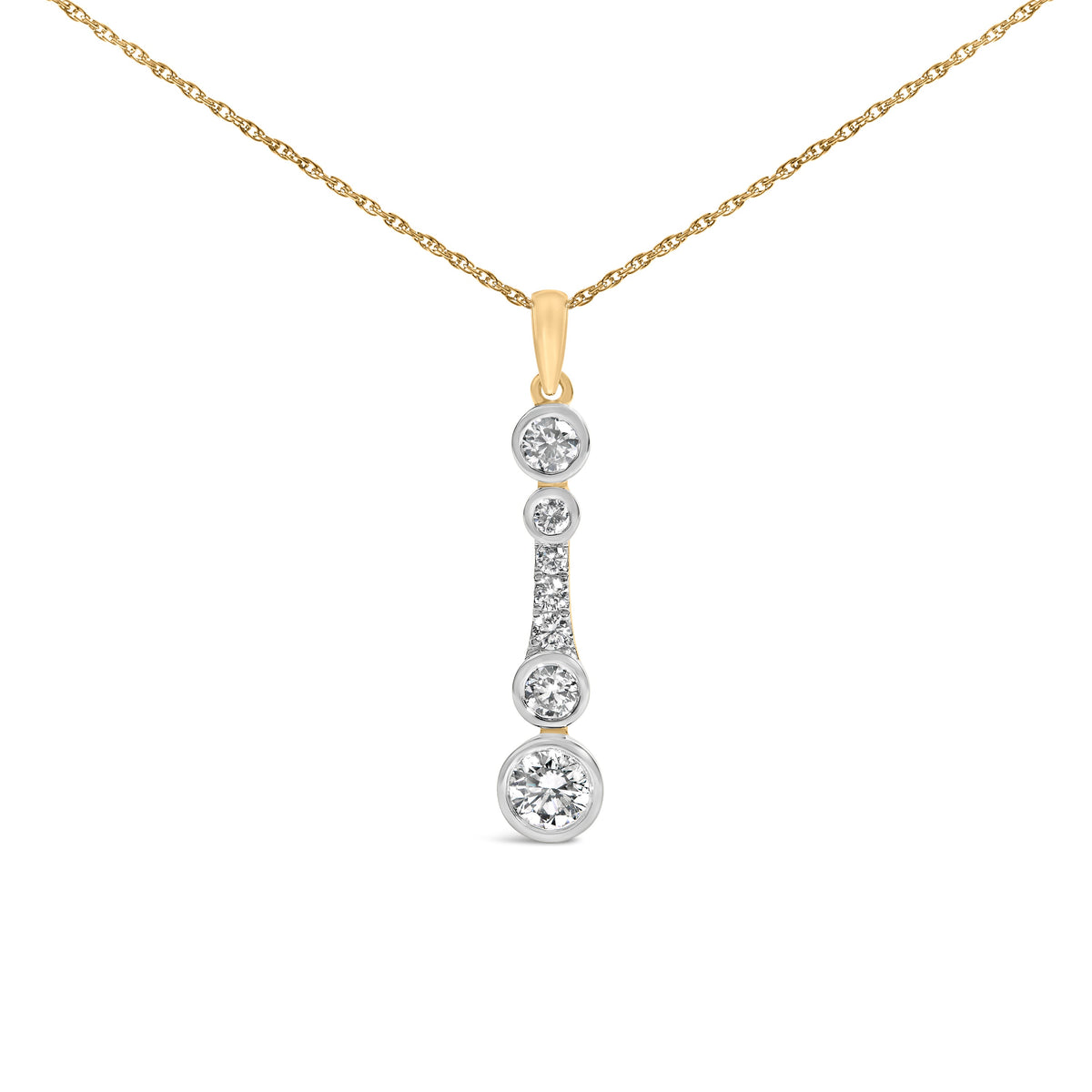 10K Yellow Gold Plated Sterling Silver 1.0 Cttw Lab Grown Diamond Bezel Vertical Drop Pendant Necklace
