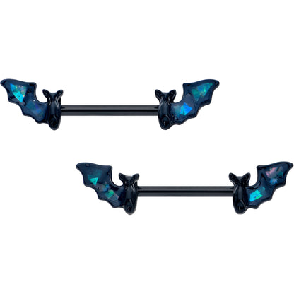 14G 9/16 Black Bats in Blue Barbell Nipple Ring Set