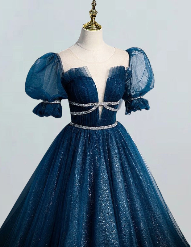 Indigo Blue Tulle Ball Gown Bridal Dress | Scoop Neck, Sparkle, Elegant Evening Wear