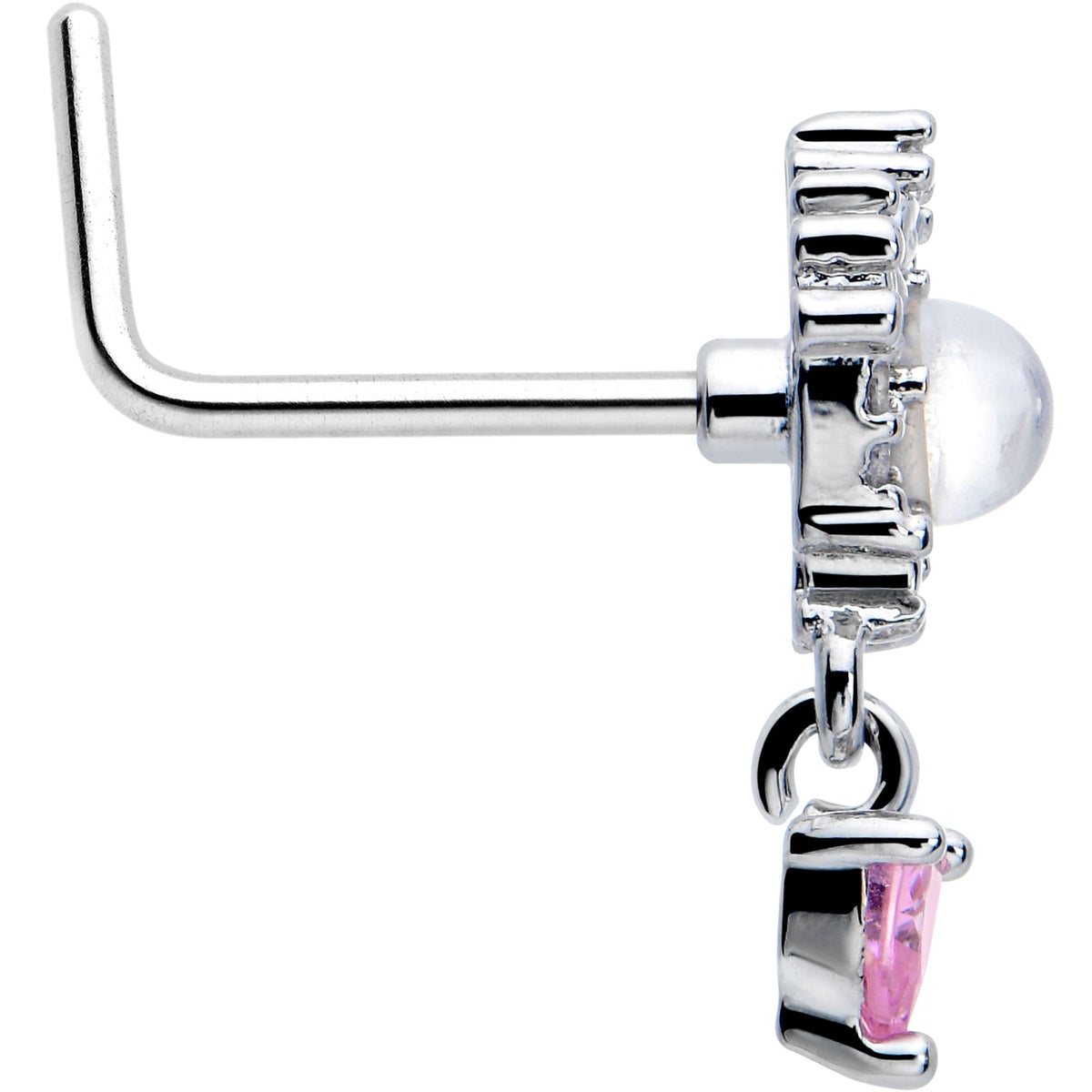 20G 7mm Pink CZ Gem Heart Mystique Dangle L Shape Nose Ring