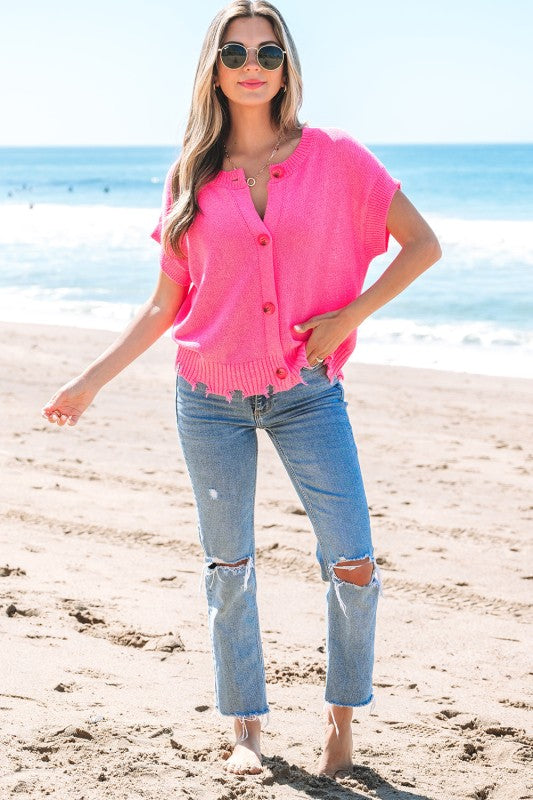 Janelle Distressed Hem Short Sleeve Button Sweater