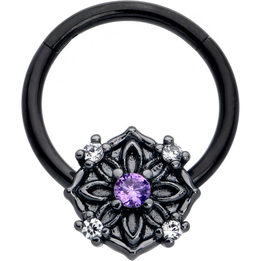 16G 3/8 Purple CZ Gem Black Flower Ring Hinged Segment Ring