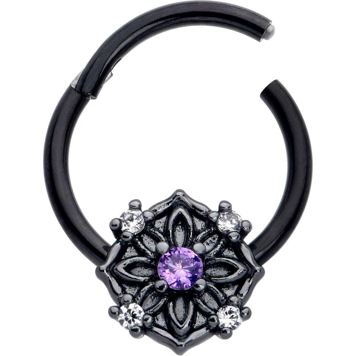 16G 3/8 Purple CZ Gem Black Flower Ring Hinged Segment Ring