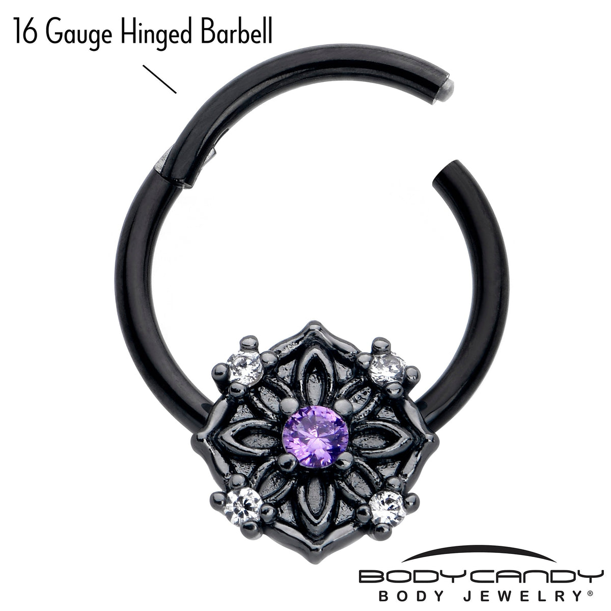 16G 3/8 Purple CZ Gem Black Flower Ring Hinged Segment Ring