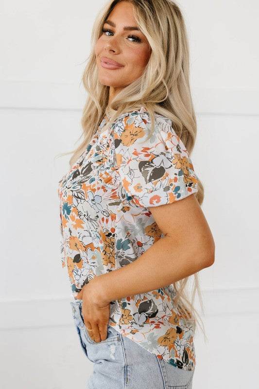 Milena Split V Neck Puff Sleeve Flower Print Blous