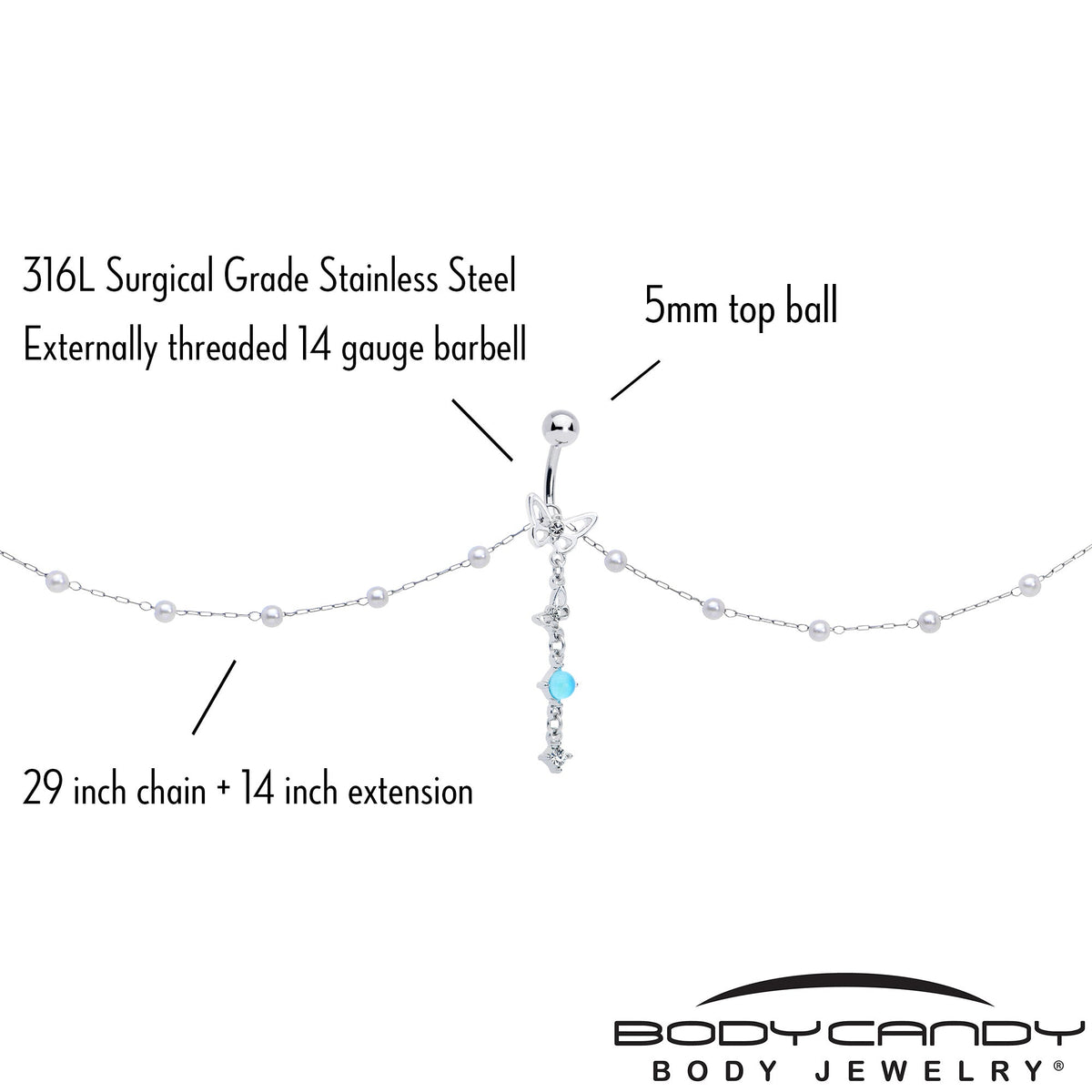 Clear CZ Gem Double Butterfly Faux Pearl Dangle Belly Chain Belly Ring