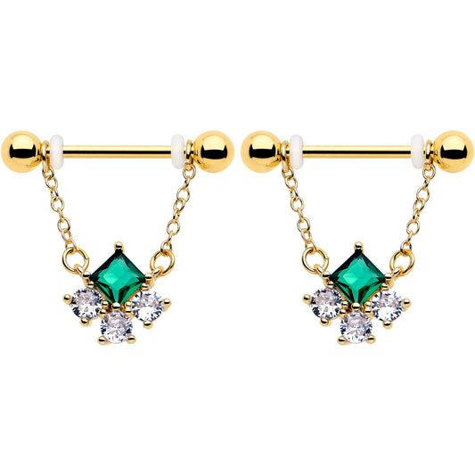 14G 9/16 Green CZ Gem Gold Tone Rhombus Riot Dangle Nipple Ring Set