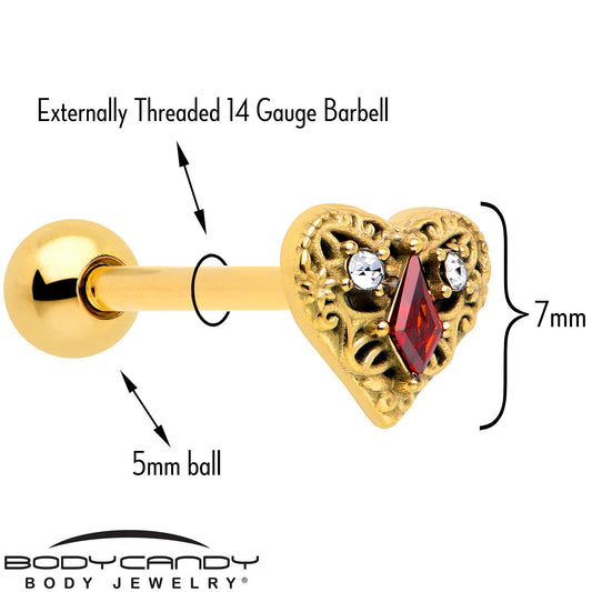 Red CZ Gem Gold Tone Heart Queen Barbell Tongue Ring