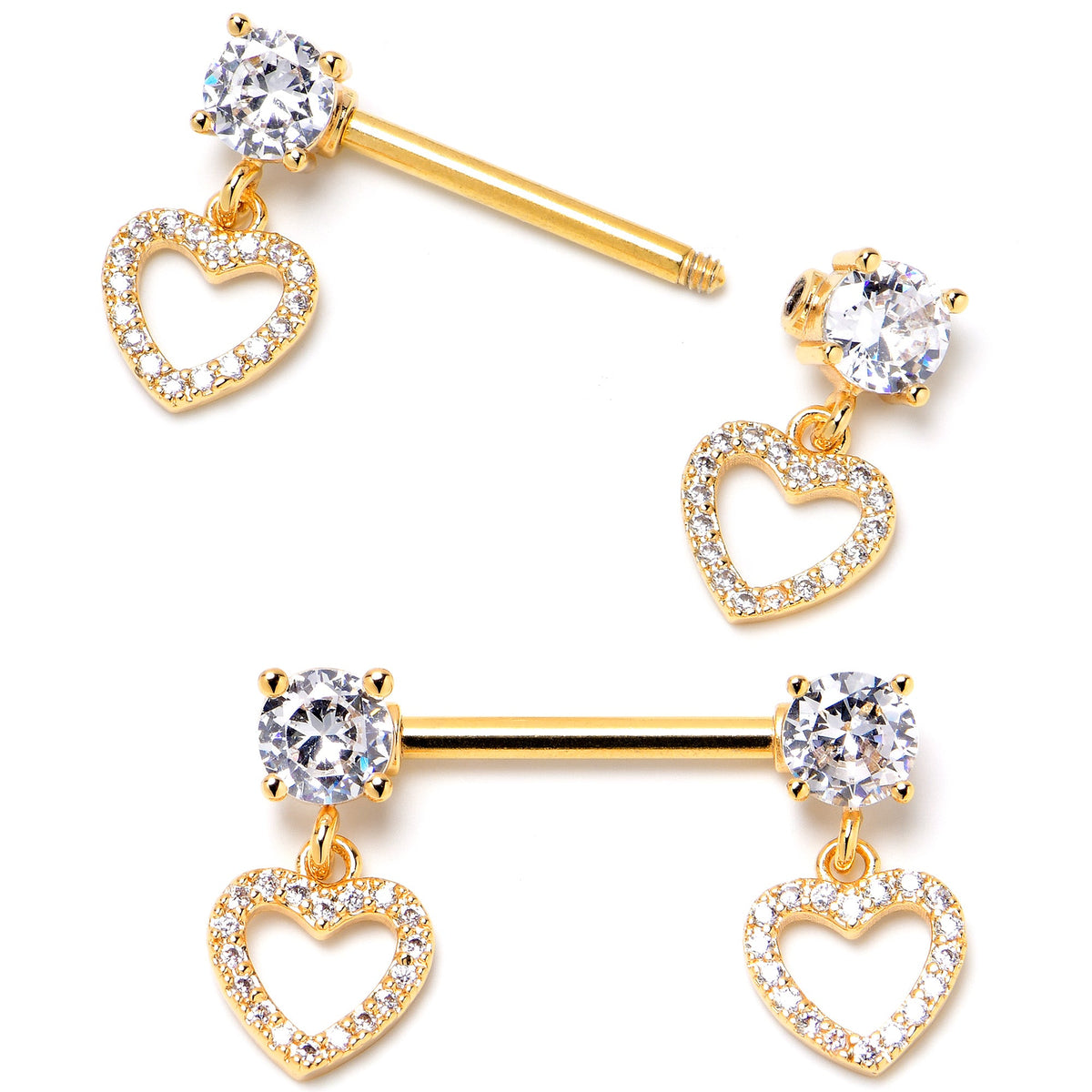 14G 9/16 Clear CZ Gem Gold Tone Paved Heart Dangle Nipple Ring Set