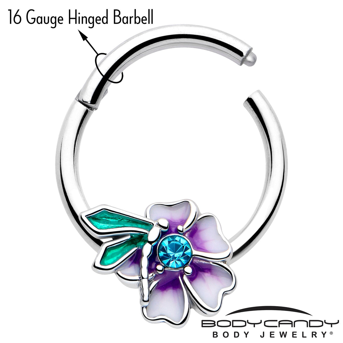 16G 3/8 Blue Gem Faerie Flower Purple Hinged Segment Ring