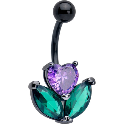 Purple Green CZ Gem Black Love Flower Belly Ring