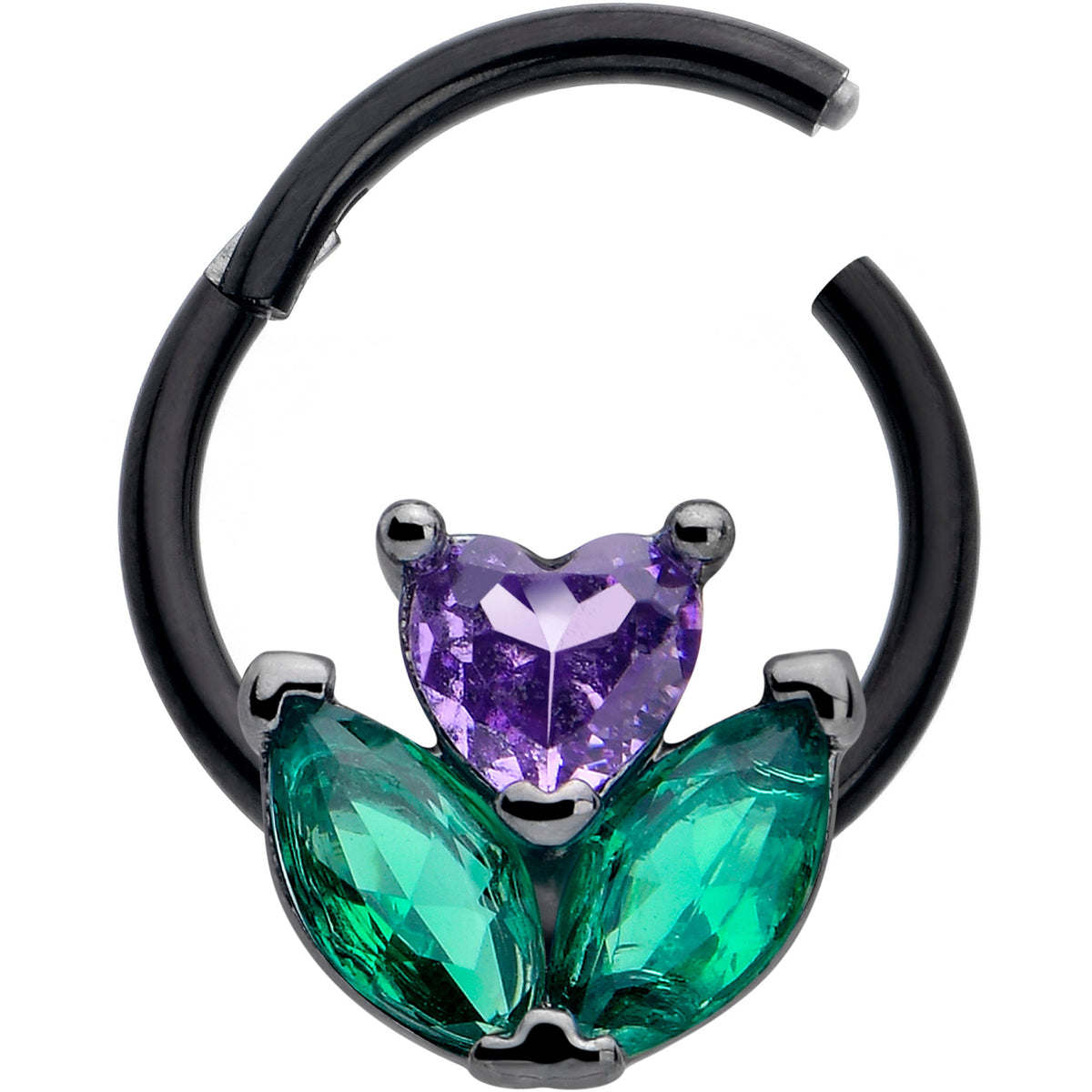 16G 3/8 Purple Green CZ Gem Black Love Flower Hinged Segment Ring