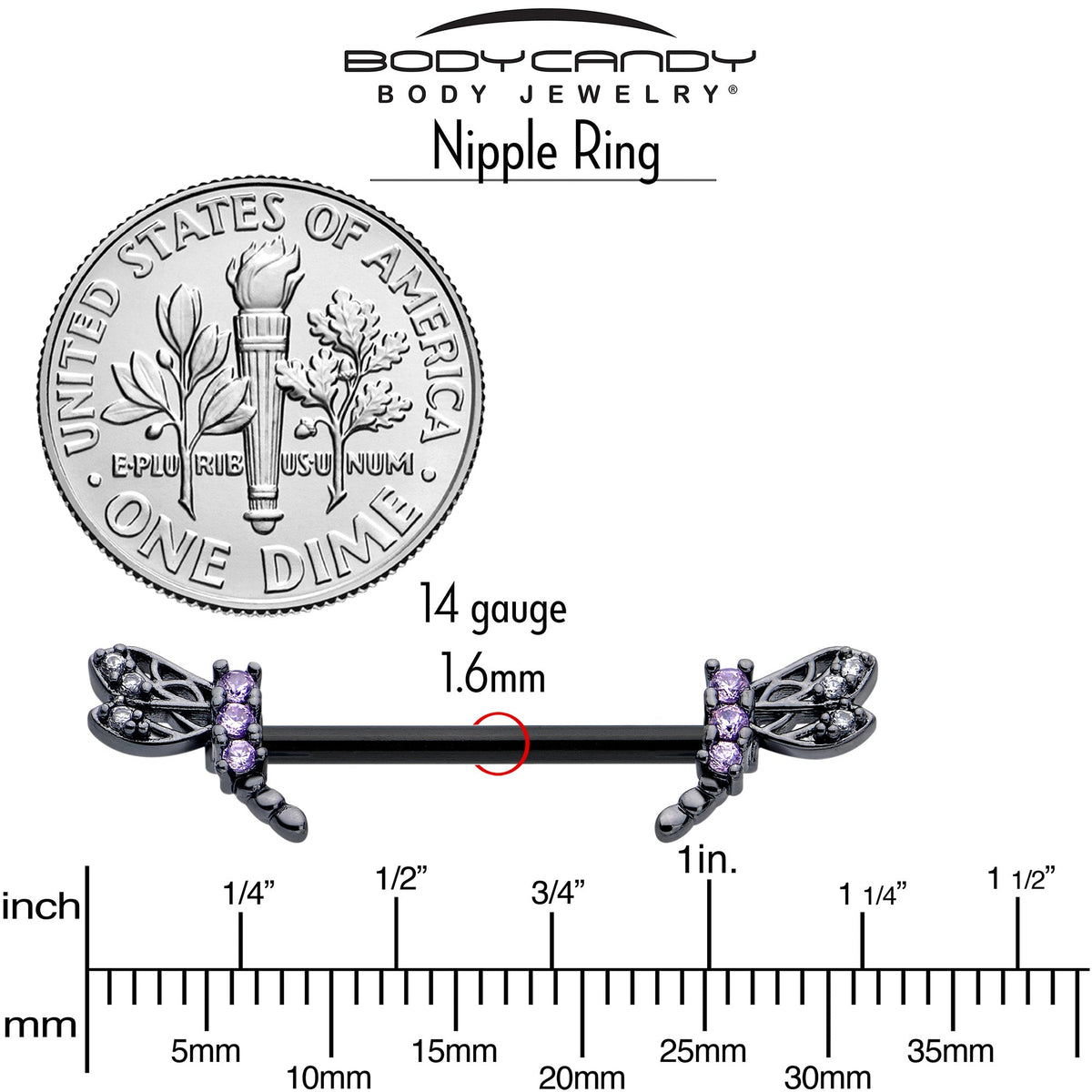 14G 9/16 Purple CZ Gem Black Night Dragonfly Barbell Nipple Ring Set
