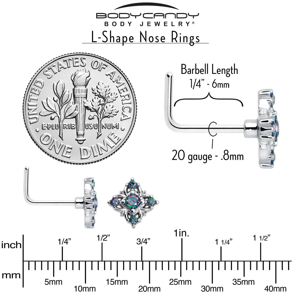 20G 7mm Vitrail CZ Gem Beauty Cross L Shape Nose Ring
