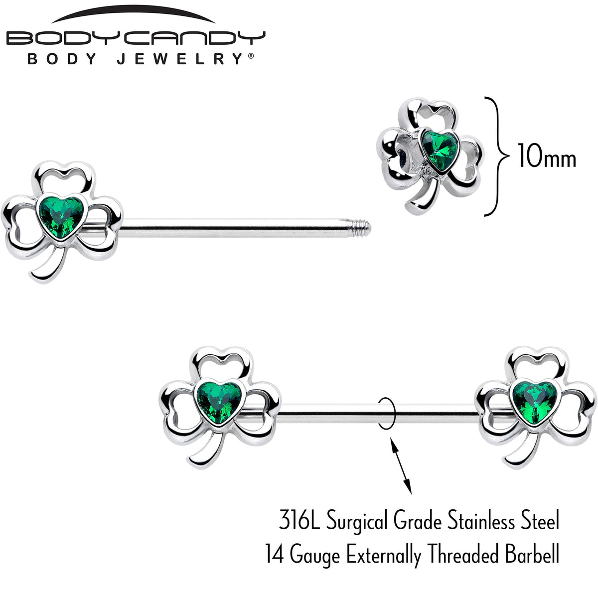 14G 3/4 Green Gem Heart Shamrock St Patricks Nipple Ring Set