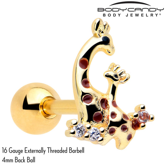 16G 1/4 Clear CZ Gem Gold Tone Mom Baby Giraffes Cartilage Earring