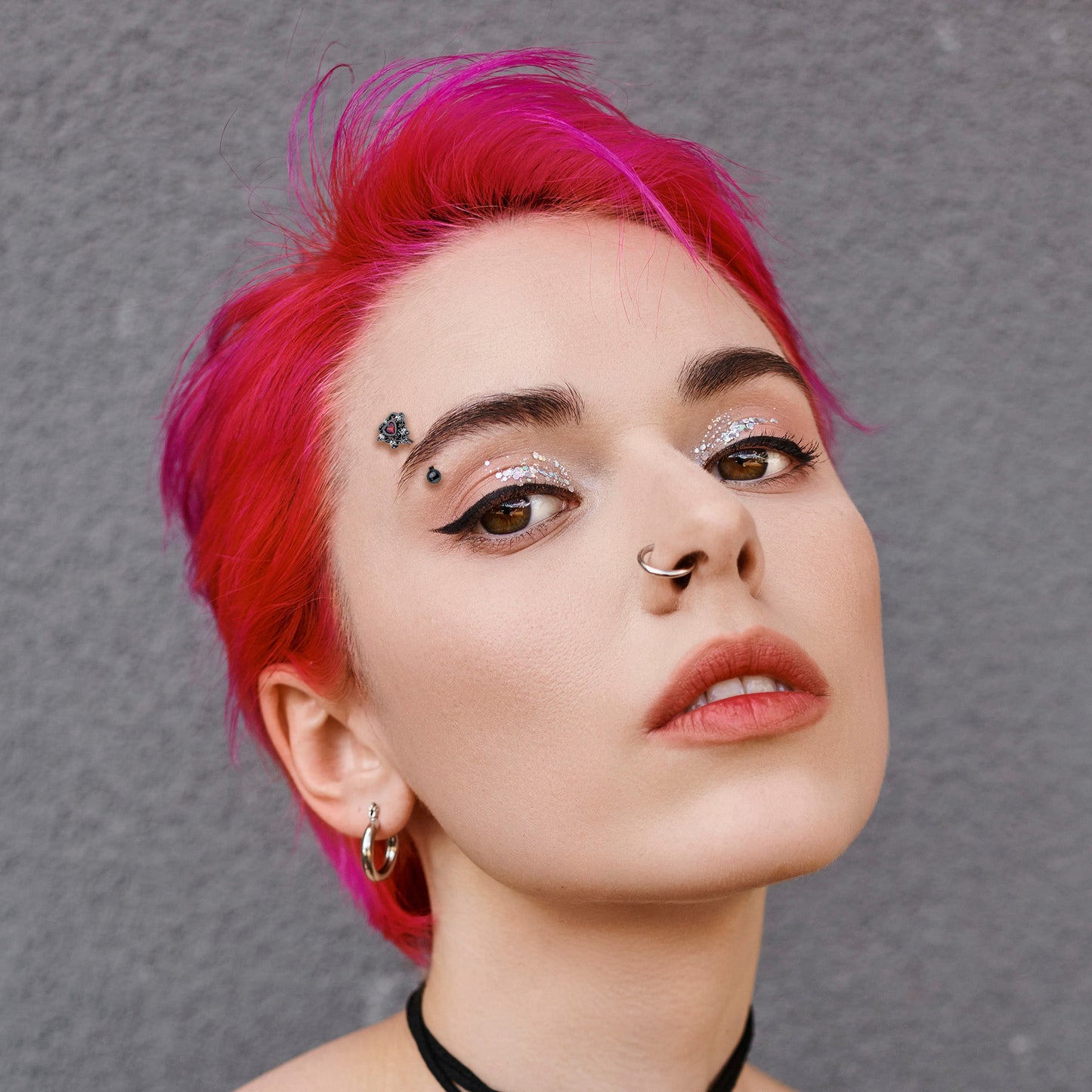 16G 5/16 Red CZ Gem Black Double Heart Curved Eyebrow Ring
