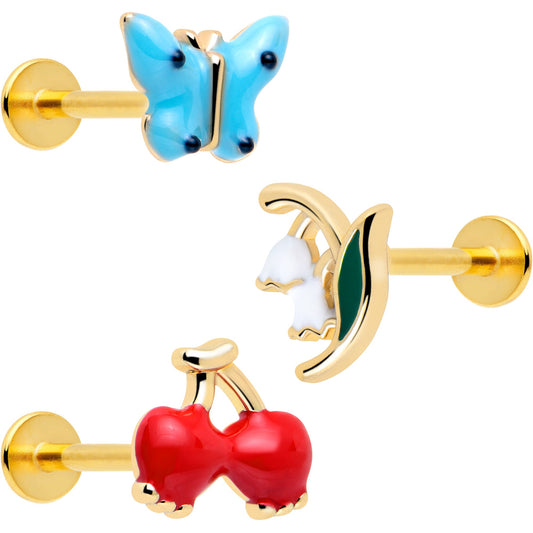16G 5/16 Gold Tone Cherry Flower Labret Monroe Tragus Set of 3