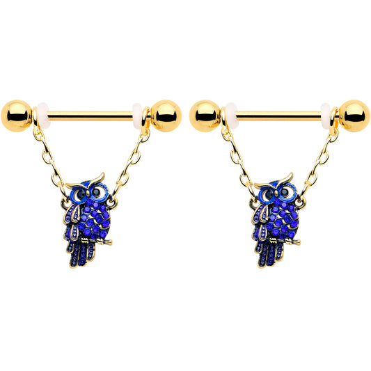 14G 9/16 Blue Gem Gold Tone Sky Owl Chain Dangle Nipple Ring Set