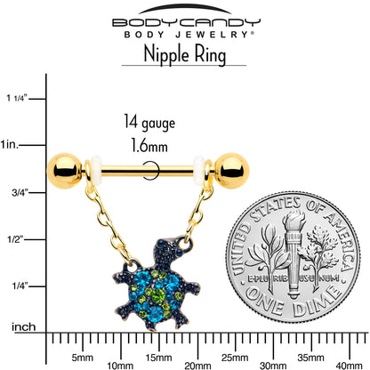 14G 9/16 Blue Gem Gold Hue Sweet Sea Turtle Dangle Nipple Ring Set