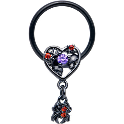 16G 3/8 Red CZ Gem Black Heart Spider Skull Dangle BCR Captive Ring