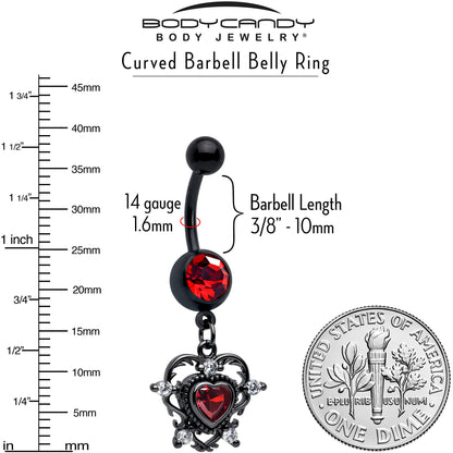 Red CZ Gem Black Double Heart Dangle Belly Ring