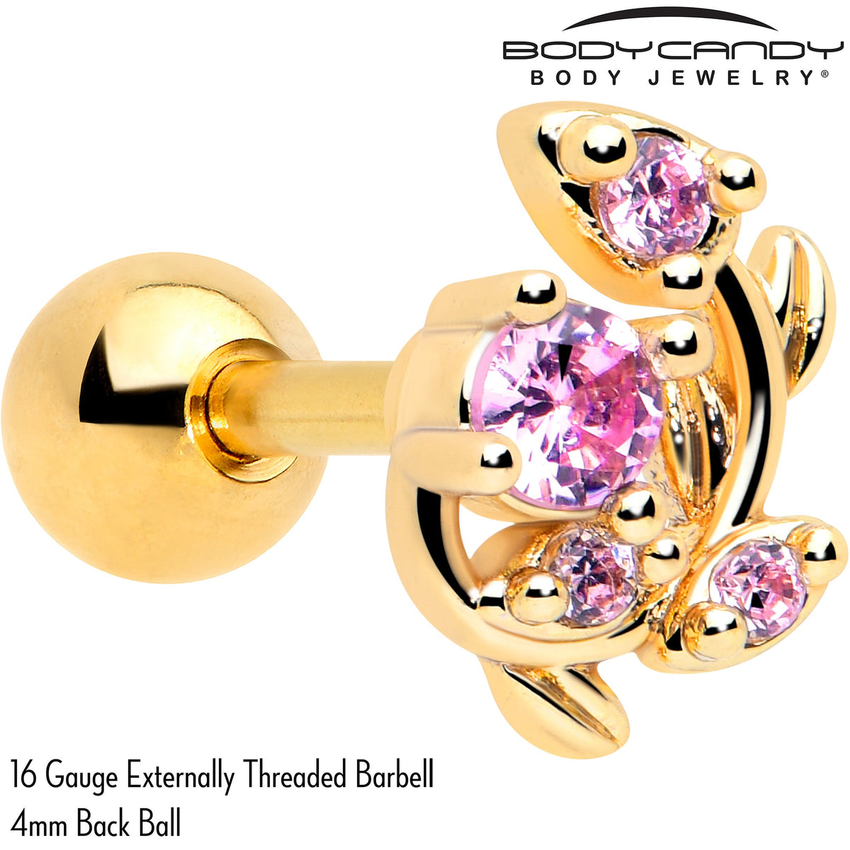 16G 1/4 Pink Gem Gold Tone Twining Vine Cartilage Tragus Earring