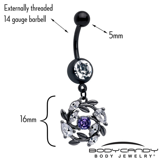 Purple Clear Gem Black Twining Vine Dangle Belly Ring
