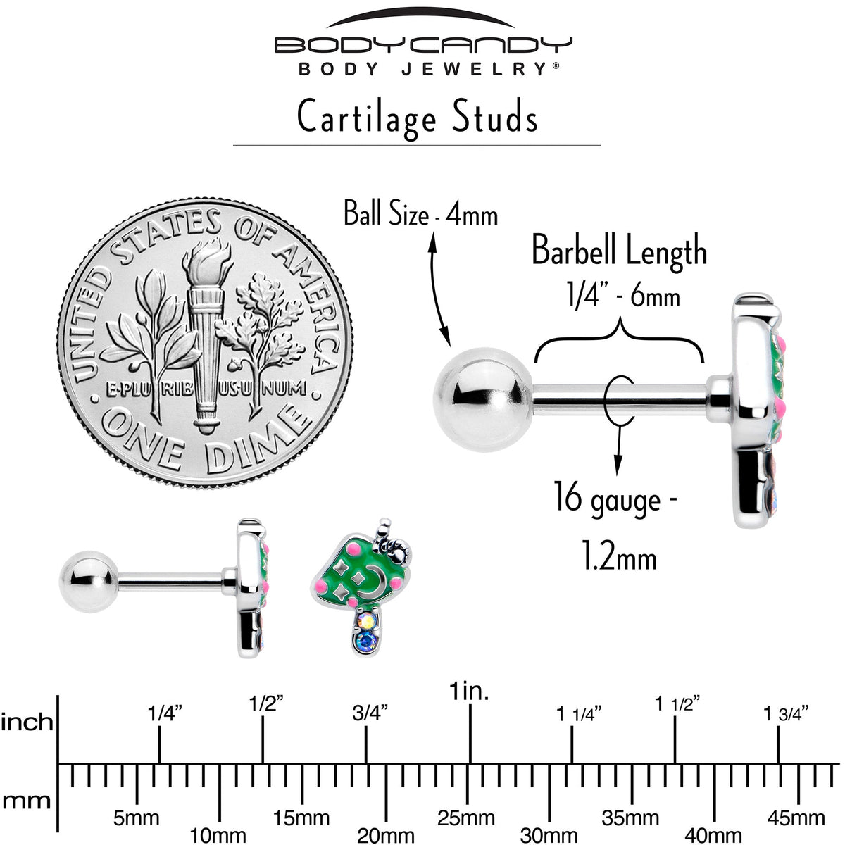 16G 1/4 Aurora Gem Fanciful Green Mushroom Cartilage Tragus Earring