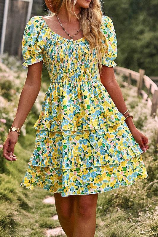 Floral Print Off Shoulder Flounce Sleeve Ruffle He