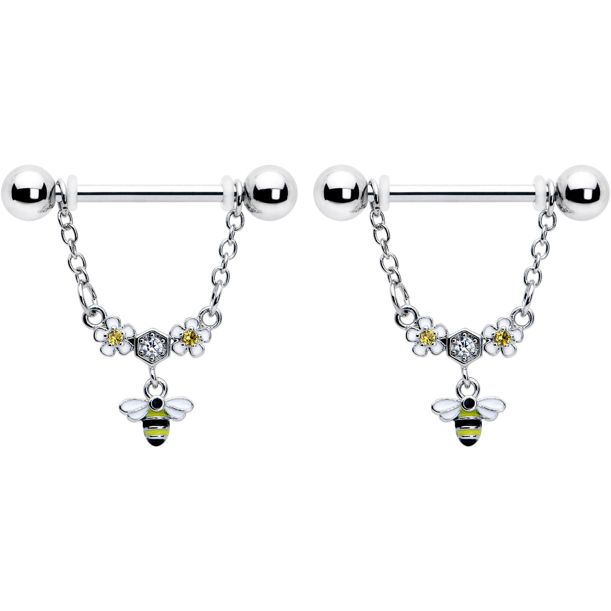 14G 9/16 Yellow CZ Gem Flower Bee Chain Dangle Nipple Ring Set