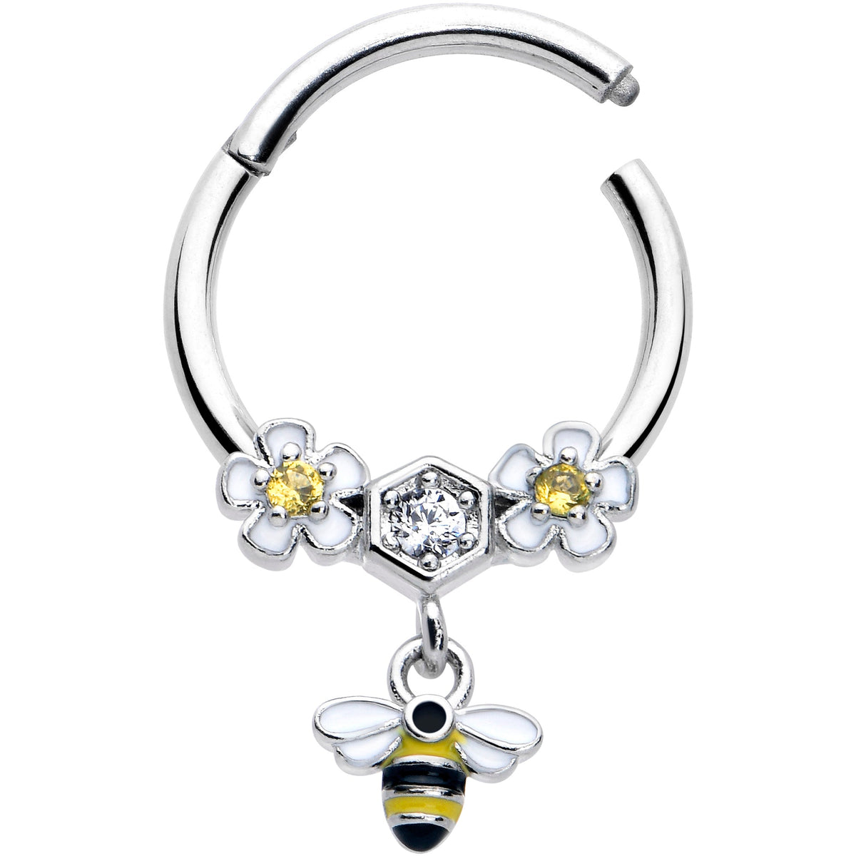 16G 3/8 Yellow CZ Gem Flower Bee Dangle Hinged Segment Ring